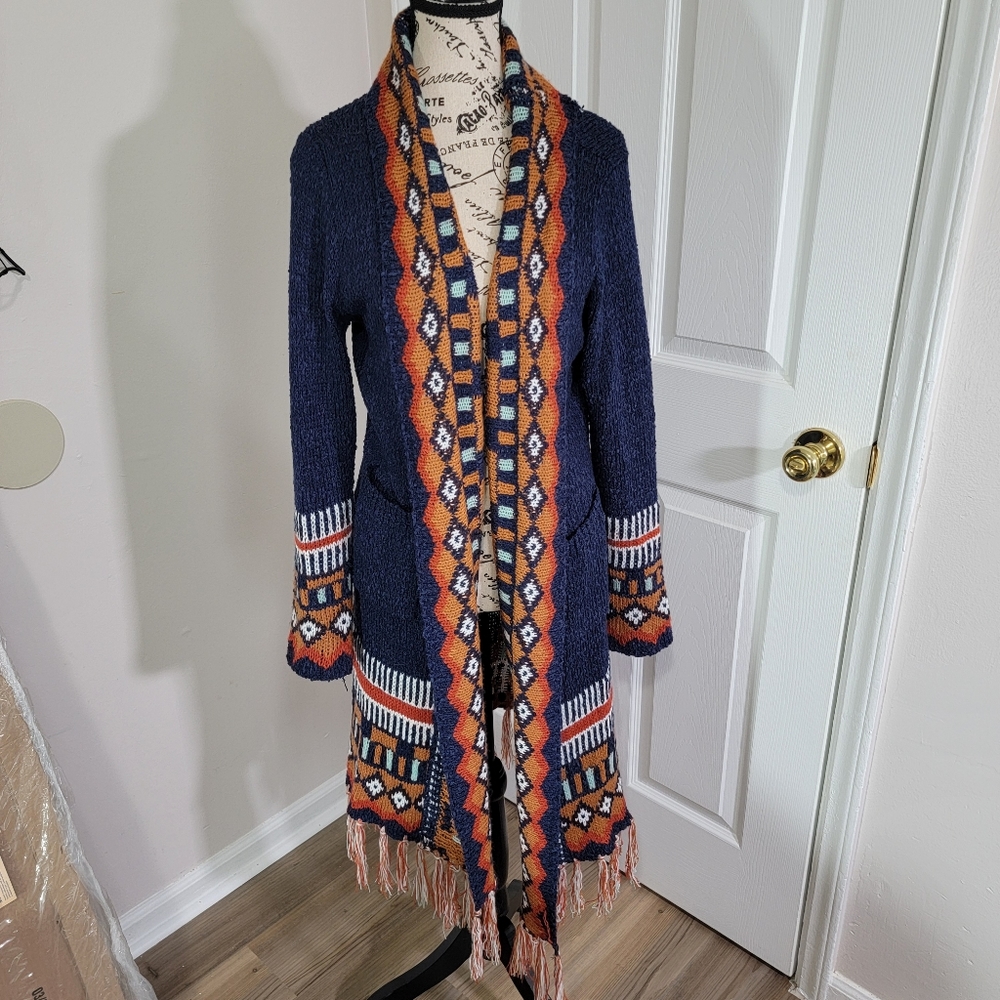 Tassel Hem Open Front Duster (Navy, Brick Red) Women's size Medium Pockets - Picture 6 of 15